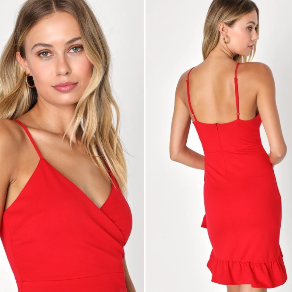 Lulu's Red Spaghetti-Strap Ruffle-Hem Mini Dress - Picture 4 of 5
